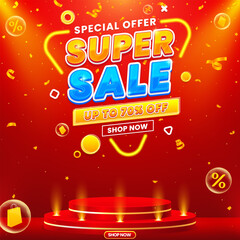 Gradient super sale banner design template with podium isolated on abstract background