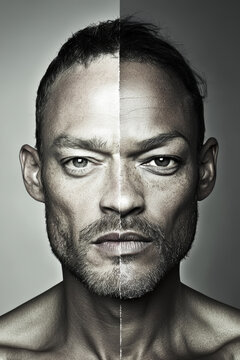 A dual-portrait presents a man's face with sharp contrast, split down the middle, revealing diverse expressions and textures, merging modern and timeless elements.