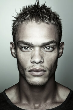 A captivating portrait showcasing a man's fierce expression, emphasizing detailed facial features and rugged texture, blending intensity with calmness in black attire.