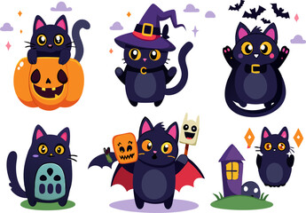 Hand drawn flat halloween cats collection