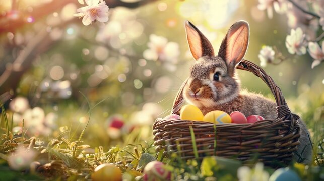 Ein Osterhase auf einer Wiese mit einem Korb voller bunter Eier 