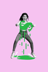 Vertical photo collage of happy silly girl hold dollar melt sign drop puddle inflation problem crisis isolated on painted background