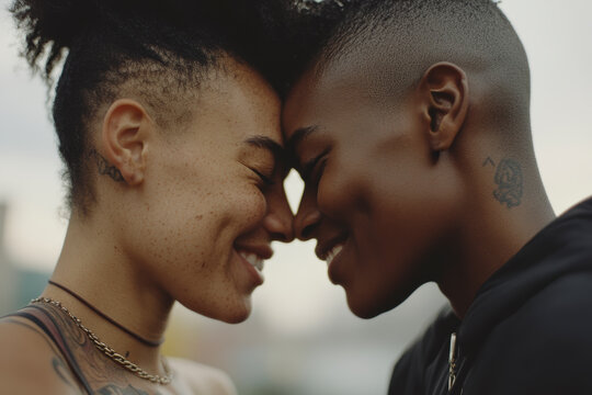 Two individuals share an intimate, joyful moment, touching foreheads and smiling, highlighting themes of connection, affection, and warmth, captured in natural lighting.