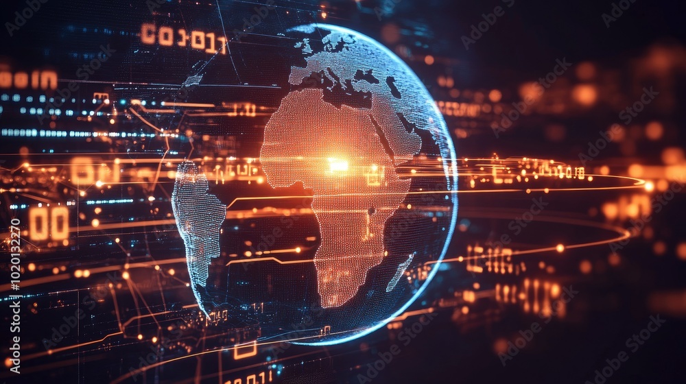 Poster digital globe with africa illuminated, surrounded by futuristic data lines and tech symbols on a dar