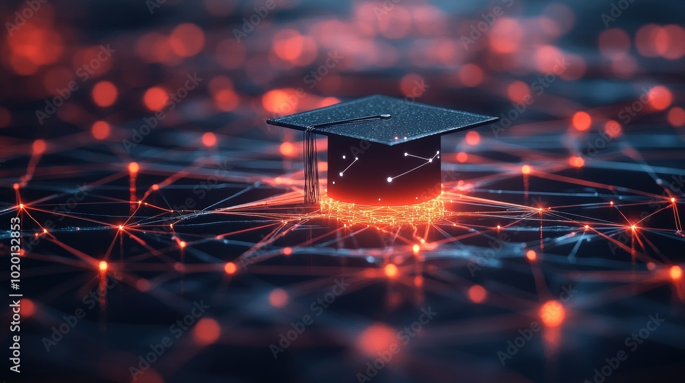 Poster digital graduation cap glowing above an array of interconnected nodes, illustrating the advancement 