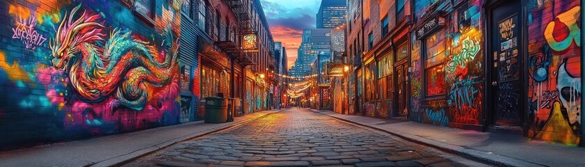 Obraz premium A whimsical dragon gliding over vibrant street art, hidden in an urban alley, bright graffiti, twilight sky