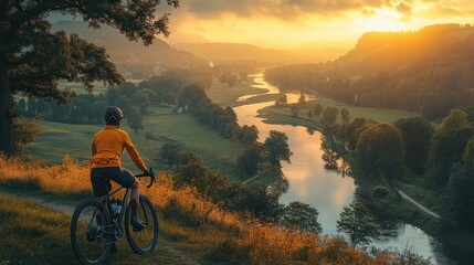 Fototapeta premium Cyclist enjoying a scenic sunset view over a winding river.