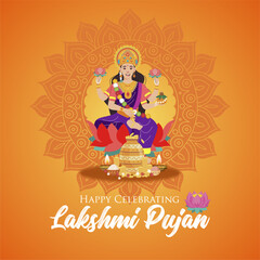 Indian Diwali Festival 2024 Happy Lakshmi Puja Ceremony Greeting with Lakshmi Goddess Illustration and Golden Coins. Laxmi  the Goddess of Prosperity Vector Illustration. 