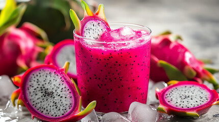 Fresh dragon fruit smoothie served in a glass with vibrant pink color, surrounded by sliced fruit and ice on a rustic background.