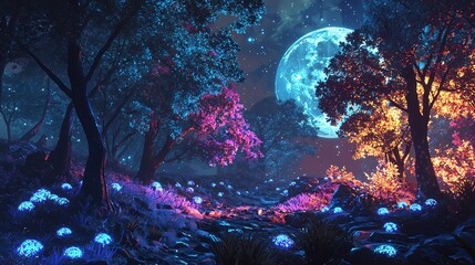 Enchanted forest with glowing trees and full moon.
