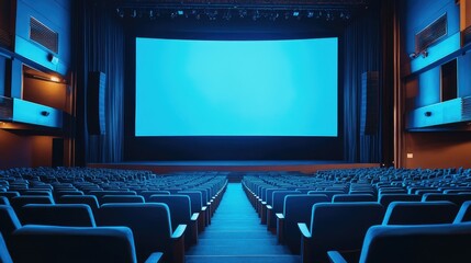 Fototapeta premium Empty auditorium, wide angle shot showing the large blue screen and vacant seats