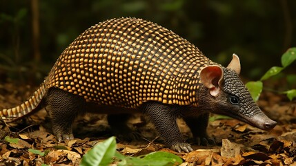 Obraz premium A close-up of an armadillo with a distinctive patterned shell in a forest setting.
