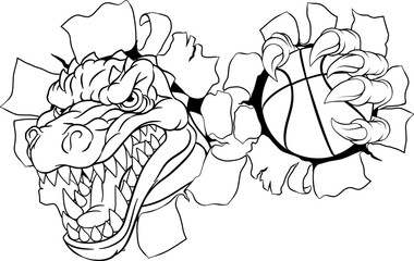 A crocodile, dinosaur or alligator lizard sports mascot holding a basketball ball