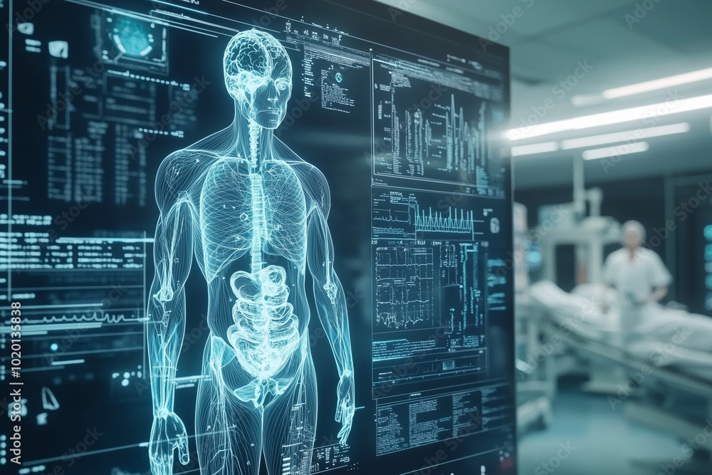 Aufkleber man is lying on a hospital bed with a computer monitor displaying a 3d image of his skeleton. the im