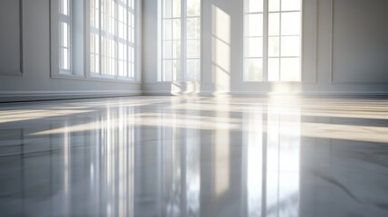 Fototapeta premium Empty room bathed in natural light, soft shadows and reflections dancing across the polished floor