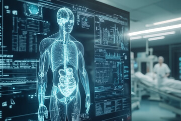 man is lying on a hospital bed with a computer monitor displaying a 3D image of his skeleton. The image is accompanied by a man in a white lab coat standing behind the monitor