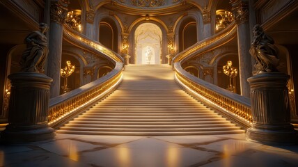 Obraz premium A grand staircase elegantly ascends to a massive luxury hall, beautifully adorned with exquisite artwork and stunning sculptures.