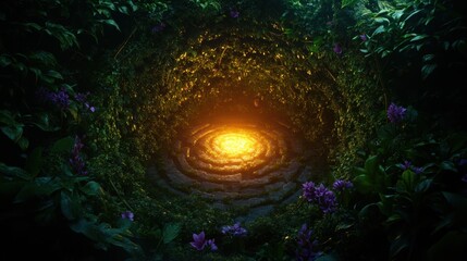 A captivating maze of lush vines and vibrant flowers weaves through a magical forest