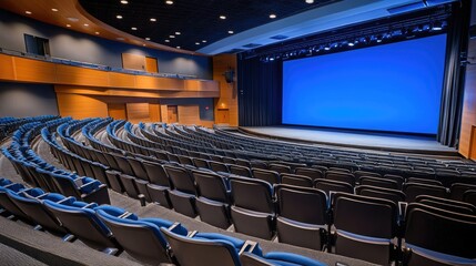 Empty seats and a blue screen in the background, wide view of a quiet auditorium