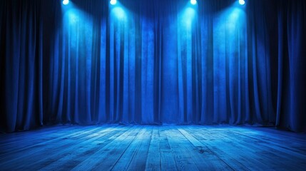 Empty stage revealed as blue curtains open, bright spotlights accentuating the scene