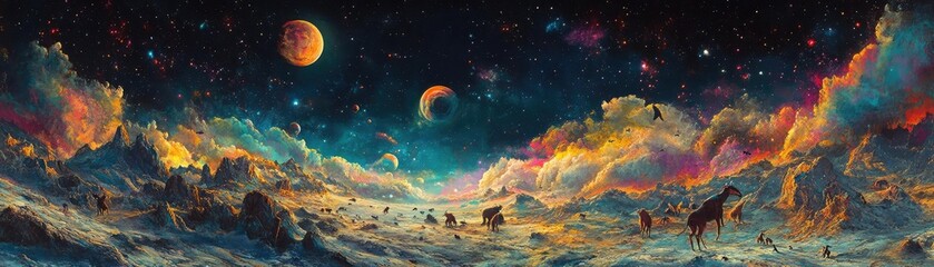 Birds-eye view of a vibrant lunar landscape filled with surreal animals dancing under a cosmic sky, colors flowing harmoniously