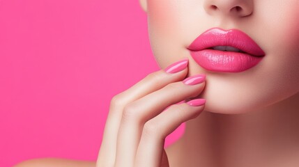 Fototapeta premium Feminine close-up with a beautiful woman lips and manicured nails on a pink background, gently resting her hand under her chin