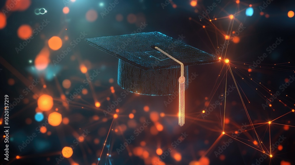 Aufkleber floating digital graduation cap with bright data points connected beneath it, highlighting the evolu