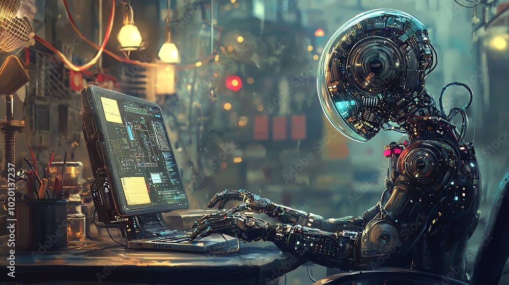 Poster Futuristic robot using computer in a high-tech workspace