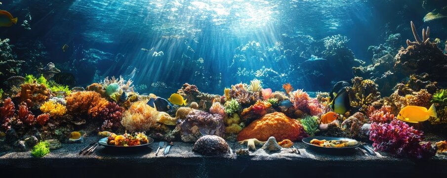 Breathtaking underwater panorama blending vibrant marine life with gourmet culinary creations, surreal depth