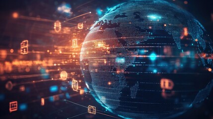 Obraz premium Futuristic digital globe with Africa illuminated. Data streams flow around, with tech symbols surrounding it on a dark, glowing background.