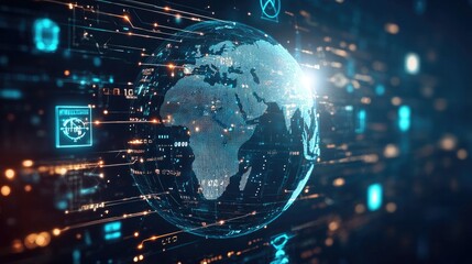 Obraz premium Futuristic digital globe with highlighted Africa, encircled by data streams and technology symbols on a dark, high-contrast background.