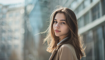 Obraz premium Professional Young Woman in Urban Setting, Casual Attire, City Background