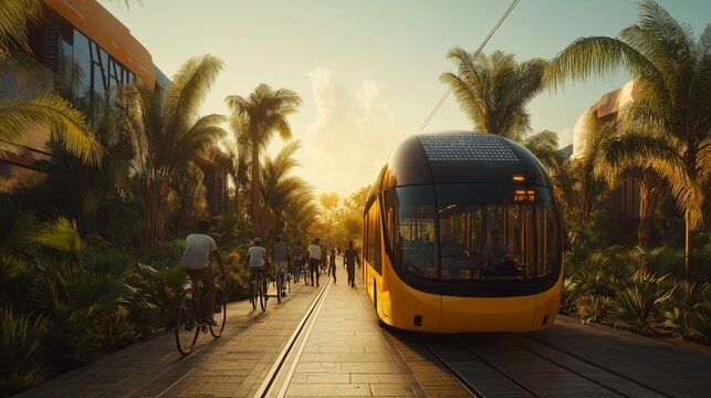 Futuristic African transportation hub featuring electric buses, bicycles, and pedestrians in a vibrant urban space during daylight