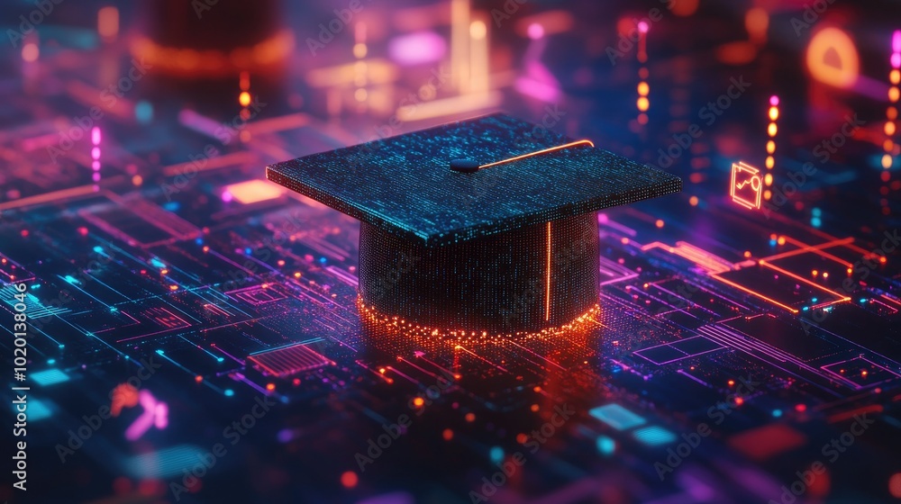 Aufkleber futuristic digital graduation cap surrounded by luminous data points, representing education technol