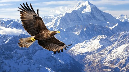 Eagle soaring over snow-capped mountains