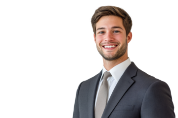 Smiling young man in a professional suit, ideal for business and corporate themes.