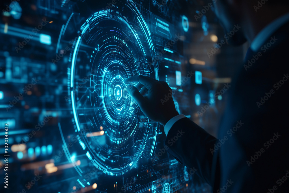 Aufkleber man is pointing at a glowing circle on a computer screen. the circle is surrounded by a series of li
