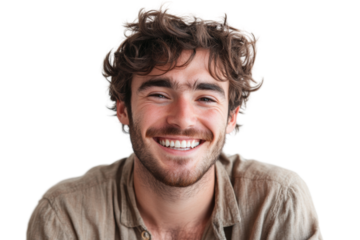 Genuine Smile: A young man with tousled brown hair and a full beard smiles broadly, radiating genuine joy and happiness. His bright, white teeth gleam as he looks directly at the camera.