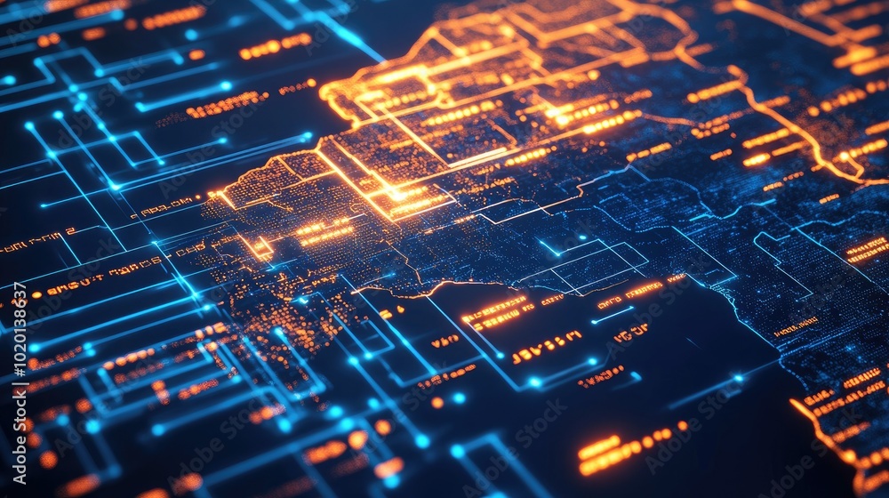 Aufkleber glowing digital map focused on africa. flowing data streams and tech icons around, set on a high-tec