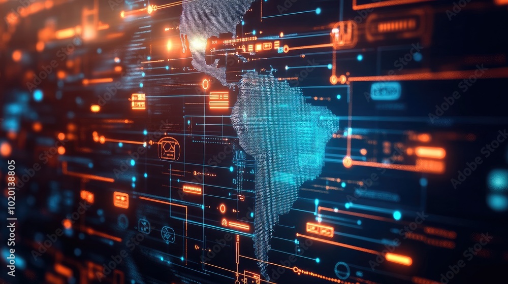 Poster glowing digital map focused on africa. flowing data streams and tech icons around, set on a high-tec