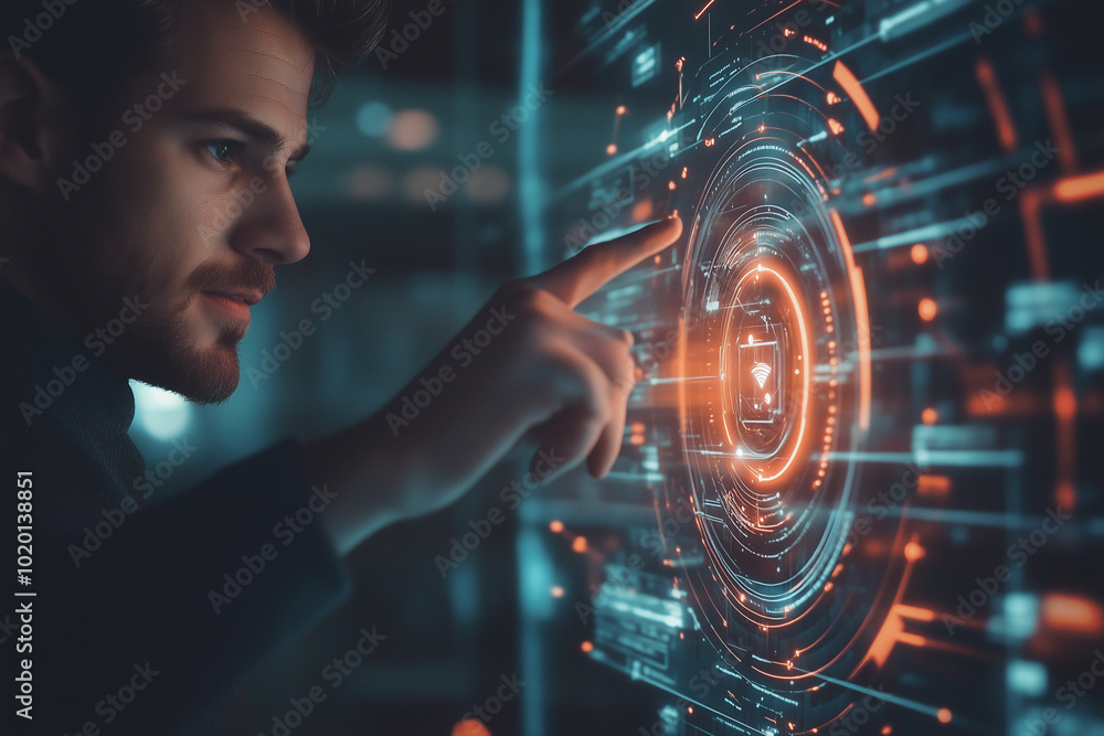 Aufkleber man is pointing at a glowing circle on a computer screen. the circle is surrounded by a series of li