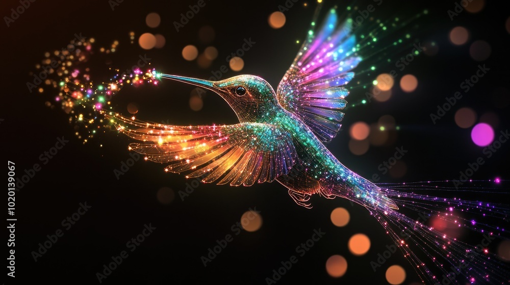 Poster glowing particle hummingbird in flight on a black background, wings illuminated in a rainbow of colo