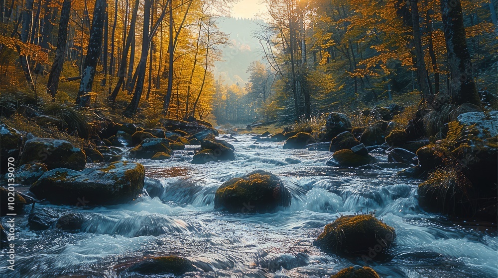 Poster The stream flows down the mountain, with rocks and moss on both sides of it. The trees in autumn at sunrise glow with a golden light, and the mountains covered by forests in the distance stand behind.