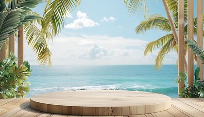 Fototapeta premium Wooden table top background in the beach and tropical seascape
