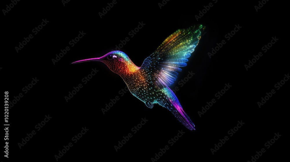 Poster glowing particle hummingbird in flight on a black background, wings illuminated in a rainbow of colo