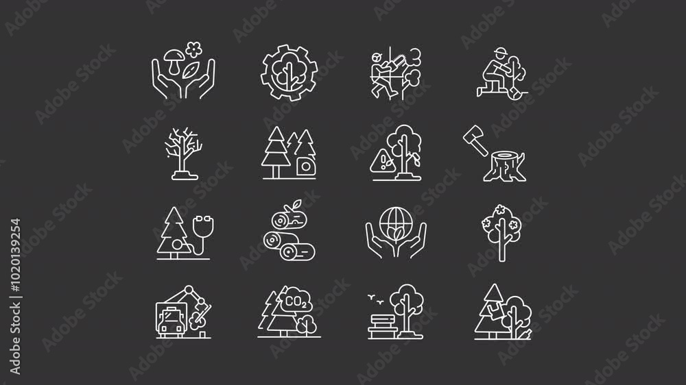 Poster arboriculture white line animations. animated icons related to tree services. arborist profession. t