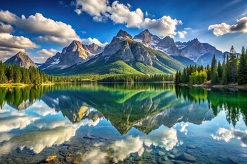 Naklejka premium Beautiful crystal clear lake reflecting majestic mountain range