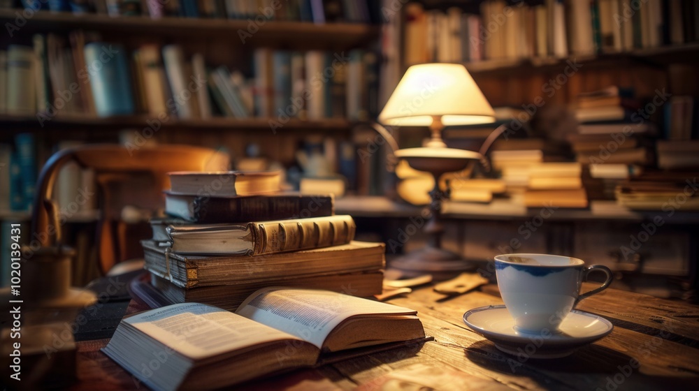 Aufkleber a cup of coffee sits beside open books in a warm and inviting café, perfect for reading and enjoying