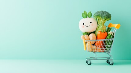 A playful illustration of a shopping cart full of groceries, with a smiling face drawn on the handle, representing a cheerful shopping trip.