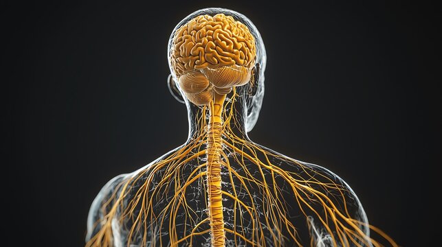Human nervous system, with detailed visualization of the brain, spinal cord, and peripheral nerves